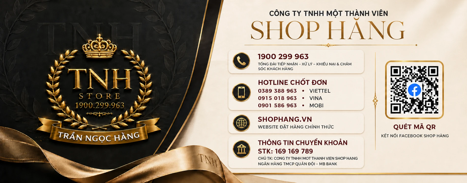 Banner SHOP HẰNG với Hotline, số chốt đơn, mã QR và thông tin chuyển khoản